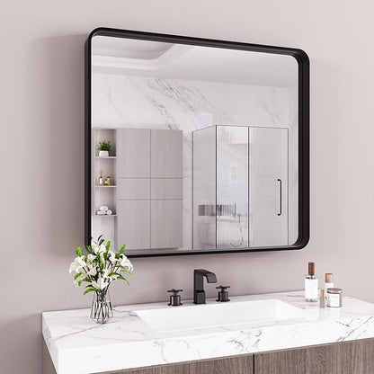 JISOSO Black Bathroom Mirror 40X36 Inch, Black Metal Framed Mirror for Wall, Rounded Rectangle Matte Bathroom Vanity Mirror with Tempered Glass, Anti-Rust, Horizontal/Vertical