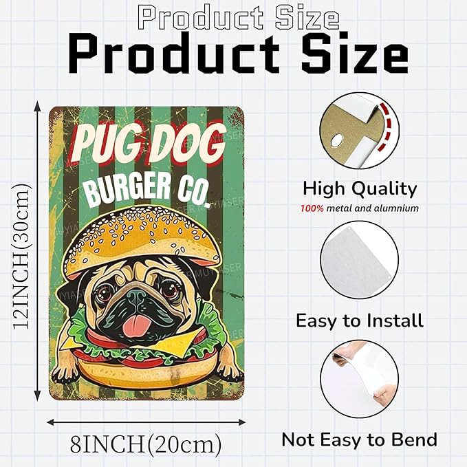 Metal Signs Pug Dog Burger Co Vintage Signs Retro Aluminum Tin Sign for Toilet Washroom Garden Home Bar Cafe Decor 8x12 Inch