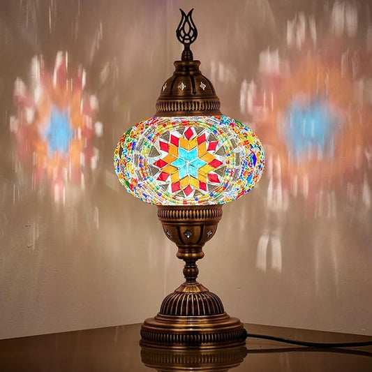 DEMMEX – 7" Large Globe Turkish Moroccan Mosaic Table Lamp, Handcrafted Tiffany-Style Colorful Glass Bedside, Desk & Table Light, Artisan Decor for Living Room or Bedroom, 14" H (Multicolor)