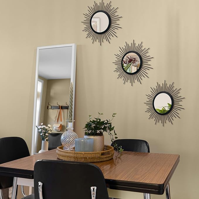 3 Set Sunburst Mirrors for Wall Decor Living Room Bedroom Bathroom Dining Room Metal Boho Sunburst Wall Mirror Set Gold Metal Vintage Circle Art Pack - Black 15.7 in