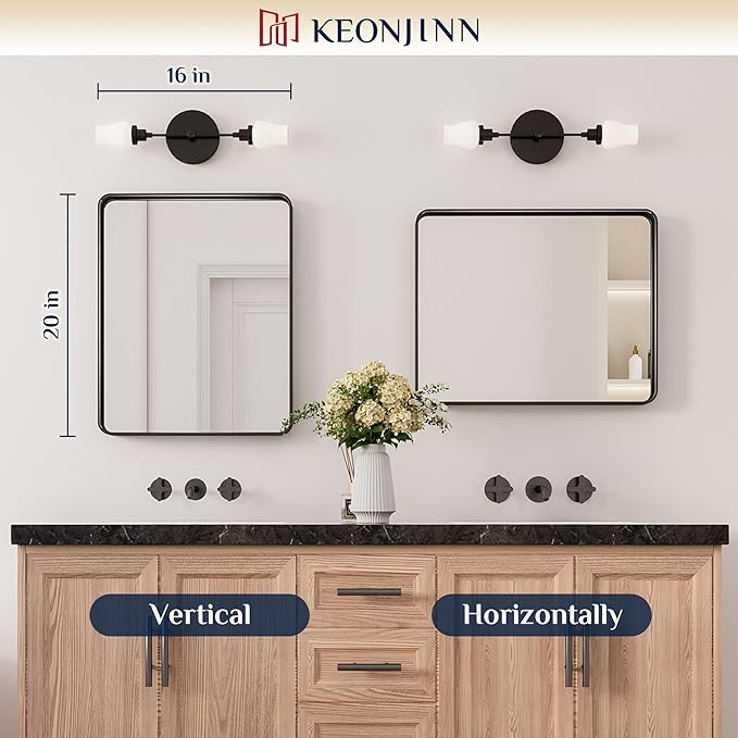 Keonjinn Black Bathroom Mirror for Over Sink, 16 x 20 Inch Rounded Rectangle Bathroom Vanity Mirror, Matte Black Sandblasted Finish, Tempered Glass, Seamless Aluminum Alloy Frame Mirror for Entryway