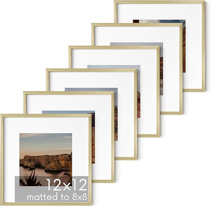 HAUS AND HUES 12x12 Gold Metal Picture Frames Matted to 8x8 - Premium Aluminum with Hanging Hardware, Shatterproof Plexiglass - Ideal for Home or Office (12x12 in, Gold, Set of 6)