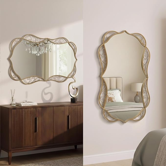 Besdomus Bathroom Gold Large Mirror: 30"x48" Scalloped Modern Brass Gold Wall Mounted Mirror - Farmhouse Vanity Mirror Vertical or Horizontal Hanging - Home Decor for Entryway/Fireplace/Bathroom