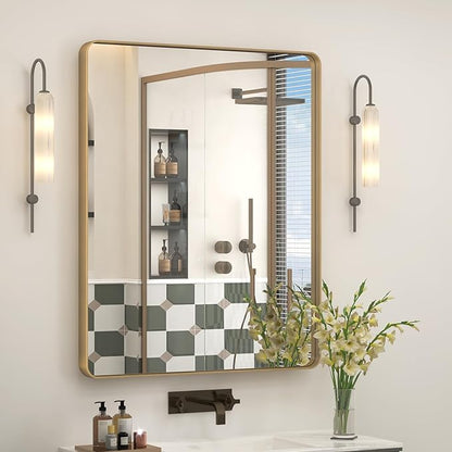 30x36 Gold Mirror for Bathroom, Brushed Gold Metal Framed Mirror for Vanity, Rectangle Wall Mouted Mirror, Rounded Corner, Shatterproof, Anti-Rust (Horizontal/Vertical)