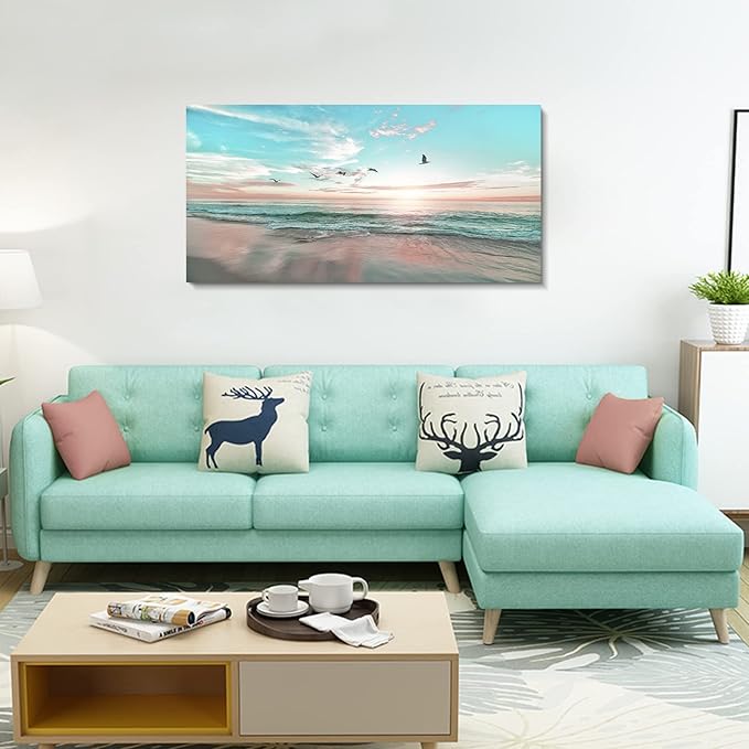 Ocean Beach Sunrise Wall Art,Ephany Art,1 Pieces Canvas Wall Art Sunset View, Landscape Canvas Paintings, Stretched and Framed Ready To Hang (D-1pcs,20x40inchx1pcs)