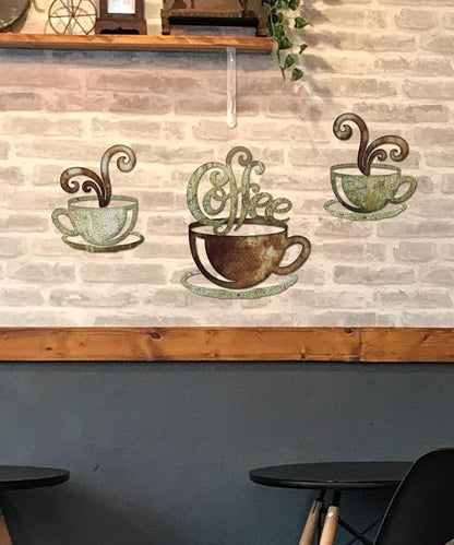 Putuo Decor Rustic Coffee Cup Metal Wall Decor, Vintage Coffee Bar Kitchen Wall Art, Set of 3 Farmhouse Bar Accessories Hanging for Dining Room Cafe Bakery