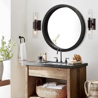 JJUUYOU Round Wall Mirror Circular Wall Mounted Mirror for Bathroom Large Circle Black Mirror for Decor Wooden Make up Mirror for Farmhouse Living Room Bedroom 20Inch
