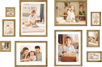 Egofine Picture Frame Set - 10 Assorted Sizes, Collage Wall Decor with 12x16, 11x14, 5x7, 4x6, 4x4 Frames for Wall & Tabletop, Solid Wood, Plexiglass Cover, Carbonized Brown