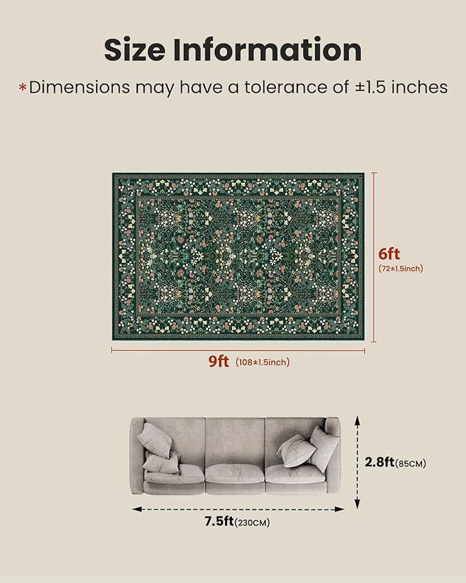 AMADA HOMEFURNISHING 6x9 Area Rugs, Non-Slip & Low-Profile Living Room Rug with Durable Edge Binding, Soft Large Washable Floral Rug for Living Room, Bedroom, Dining Room