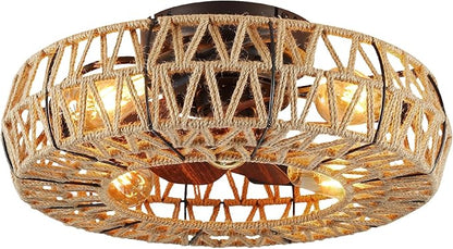 20 Inch Boho Caged Bladeless Ceiling Fan with Light,Flush Mount Rattan Fandelier Ceiling Fans Lights and Remote Contro,Enclosed 6 Speeds Low Profile Farmhouse Fan Light for Bedroom,Kitchen,Living Room
