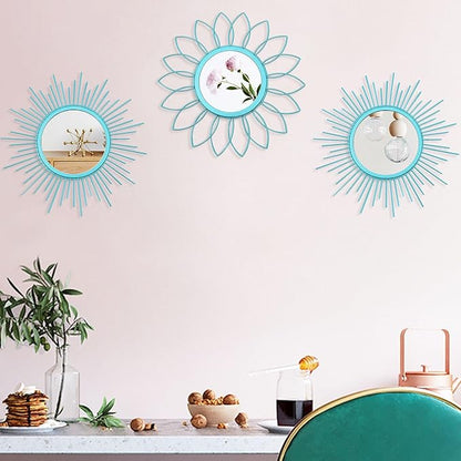 3 Pack Metal Mirrors for Wall Sunburst Wall Mirrors Home Décor Decorative Hanging Wall Art for Living Room Bedroom Entryway (Greenish Blue, Flower+Sunburst)
