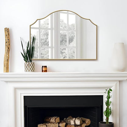 Besdomus Gold Scalloped Mirror for Vanity: 32"x24" Modern Minimalist Wooden Bathroom Mirror - Decorative Dresser Wall for Mantel/Bedroom/Entryway/Hallway - Ideal for 20-55 Age Fashion Women