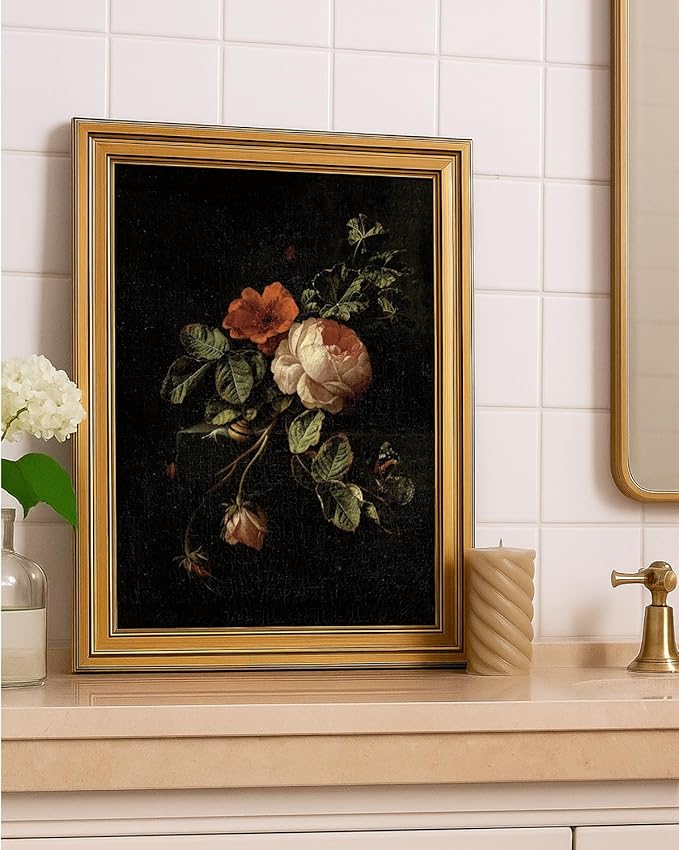 VIYYIEA Vintage Gold Framed Wall Art, Botanical Dark Academia Moody Canvas Decor, Aesthetic Classical Roses Still Life Pictures, Victorian Picture Photo Frame Wall Decor for Gallery Bathroom Bedroom, 12x16inch