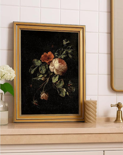 VIYYIEA Vintage Gold Framed Wall Art, Botanical Dark Academia Moody Canvas Decor, Aesthetic Classical Roses Still Life Pictures, Victorian Picture Photo Frame Wall Decor for Gallery Bathroom Bedroom, 12x16inch