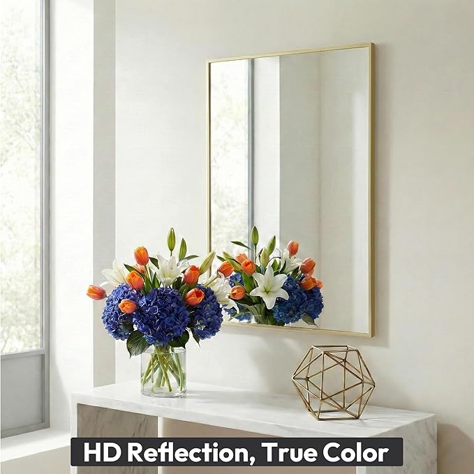 24" x 36" Gold Wall Mirror for Bathroom, 36" x 24" Metal Framed Accent Mirror, Vintage Modern Rectangular Decor for Entryway, Anti-Rust