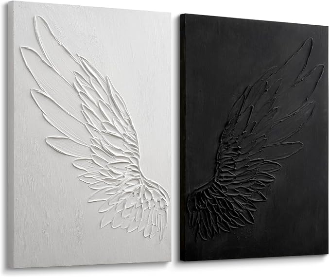 JUHOME Large Black and White Abstract Wall Art - 2-Piece 24x36 in Original Hand-Painted Wing Canvas Wall Art Set, Textured Dual Panel Oil Painting for Modern Living Room Bedroom Office Wall Decor