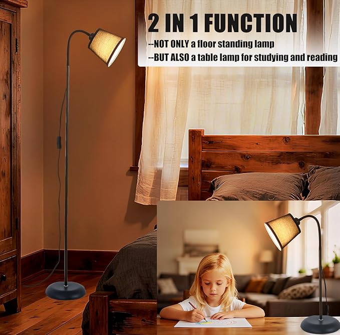 Floor Lamp, Industrial Metal Floor Lamps for Living Room with Adjustable Bendable 2 in 1 Reading Table Lamps for Living Room Bedroom Office (B+Black Shade)