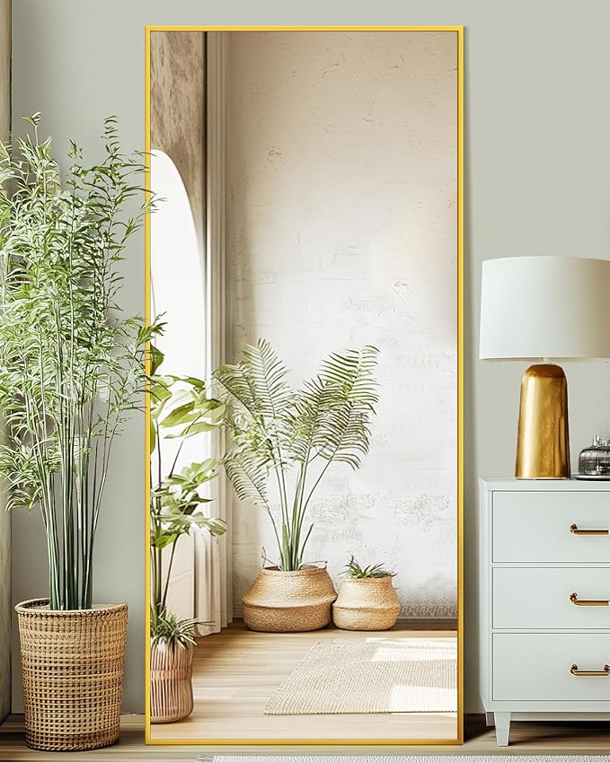 Antok 71''x28'' Full Length Mirror, Shatterproof HD Oversized Floor Mirror with Stand, Aluminum Alloy Frame Leaning Standing or Wall Mounted Mirror for Bedroom Living Room Entryway, Gold