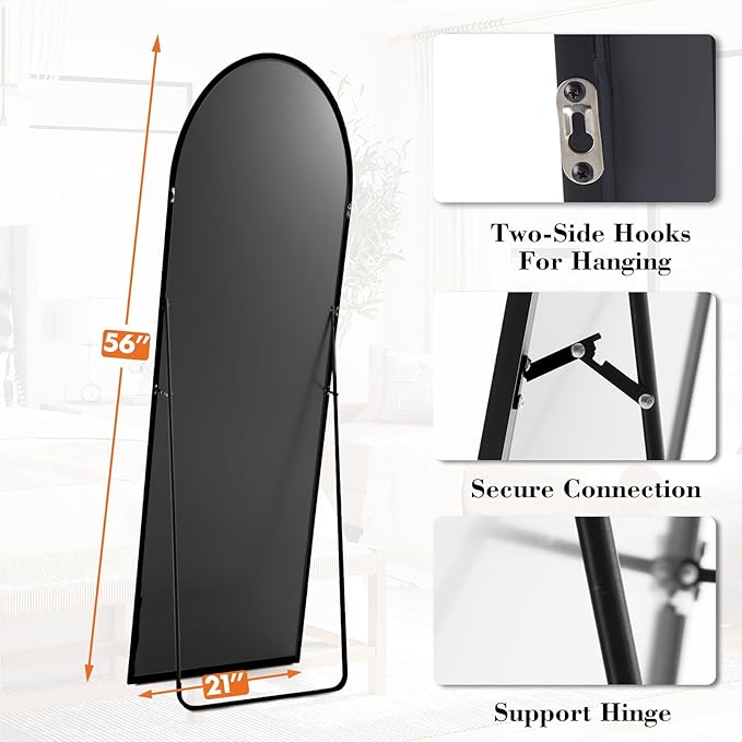 Sweetcrispy 56"x21" Arched Full Length Mirror, Full Body Mirror with Aluminum Alloy Thin Frame, Leaning or Standing, Suitable for Bedroom, Livingroom, Cloakroom, Black