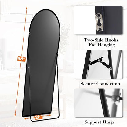 Sweetcrispy 56"x21" Arched Full Length Mirror, Full Body Mirror with Aluminum Alloy Thin Frame, Leaning or Standing, Suitable for Bedroom, Livingroom, Cloakroom, Black