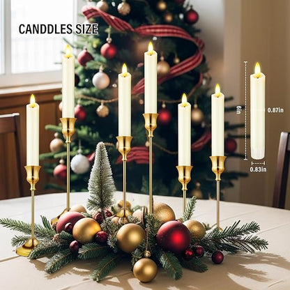 KSWING Upgraded Real Wax Short LED Flameless Taper Candles with Remote, 6 PCS White Candlesticks Battery Operated 3D Flickering - 6" Realistic Fake Candle Sticks for Home/Wedding/Fireplace Xmas Decor