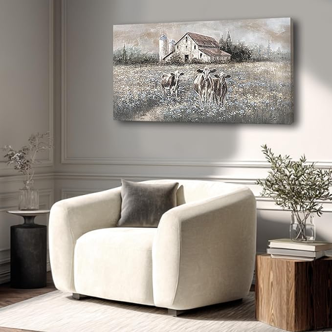 LEVERUP Farmhouse Landscape Painting, Rustic Country Barn Art,rural style decorative paintings 20x40 inch Highland cattle decor for living room bedroom