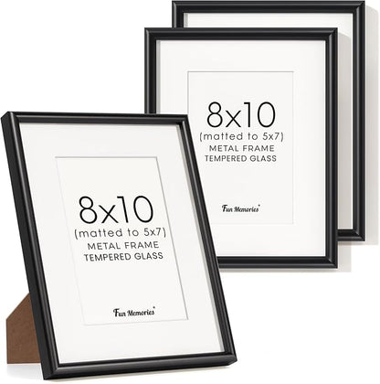 Fun Memories 8x10 Aluminum Frame Black, Set of 3, 8"x10" Aluminum Picture Frame for Wall & Tabletop Display, 8x10 Frame with Mat for 5x7, Metal 8 x 10 Picture Frame with Real Glass