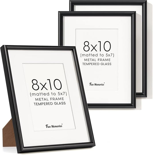 Fun Memories 8x10 Aluminum Frame Black, Set of 3, 8"x10" Aluminum Picture Frame for Wall & Tabletop Display, 8x10 Frame with Mat for 5x7, Metal 8 x 10 Picture Frame with Real Glass