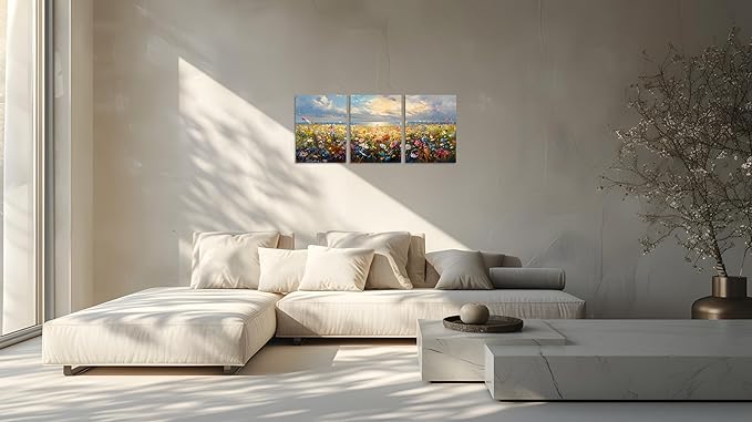 TutuBeer 3 Pcs Wildflower Field Artwork Rustic Wildflower Field at Beach Vintage Wall Art Canvas Prints Wild Flower Wall Art Rustic Style Kitchen Office Farmhouse Bathroom Decor 12x24inchx3