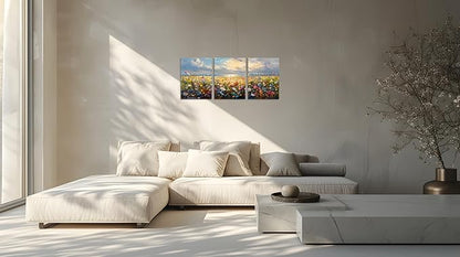 TutuBeer 3 Pcs Wildflower Field Artwork Rustic Wildflower Field at Beach Vintage Wall Art Canvas Prints Wild Flower Wall Art Rustic Style Kitchen Office Farmhouse Bathroom Decor 12x24inchx3