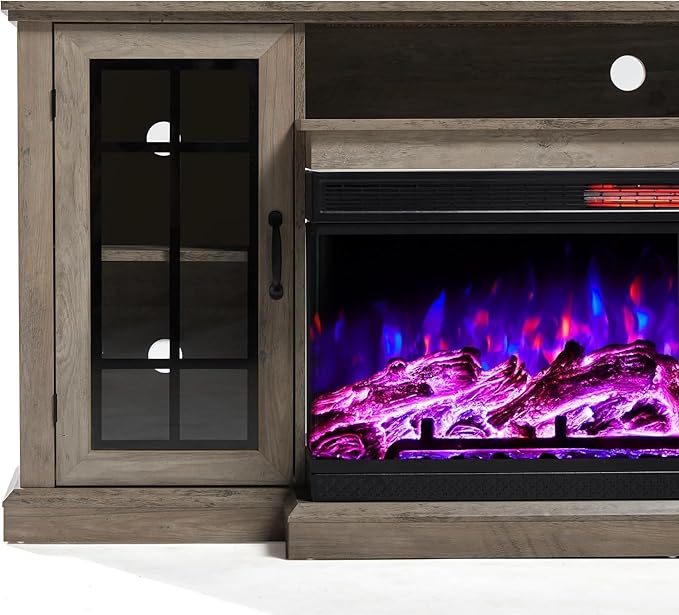 AMERLIFE 75in 3-Sided Glass Fireplace TV Stand for TVs up to 85", Rustic Fireplace Media Entertainment Center Console Cabinet Table with Glass Door Closed Storage, Wash Gray