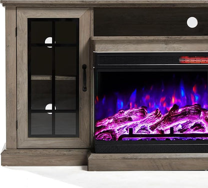 AMERLIFE 75in 3-Sided Glass Fireplace TV Stand for TVs up to 85", Rustic Fireplace Media Entertainment Center Console Cabinet Table with Glass Door Closed Storage, Wash Gray
