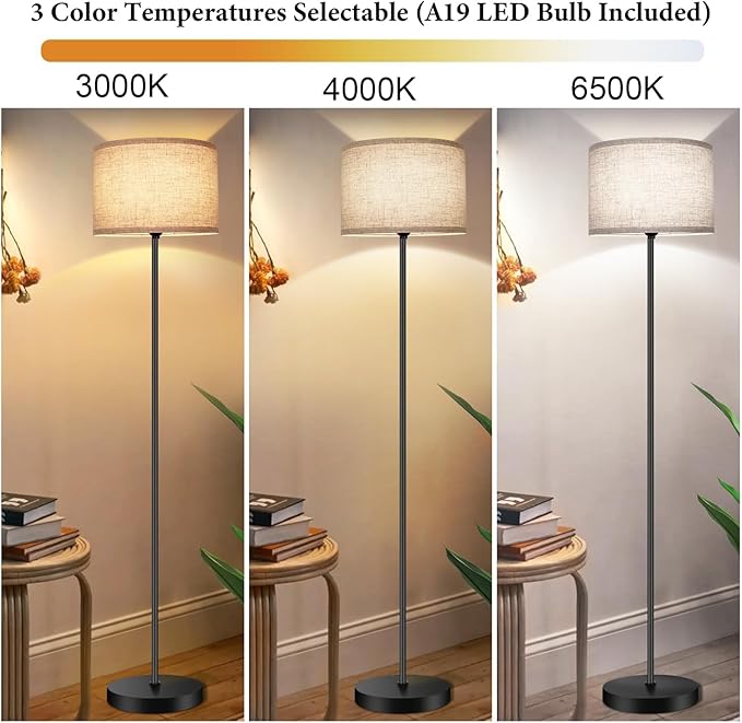 TOBUSA Floor Lamp for Living Room Bedroom with 3CCT LED Bulb, Modern Standing Lamp Drum Shade, 65’’ Tall with Foot Switch Black Pole, Dimmable Simple Design Stand Up Lamp for Home Office Reading
