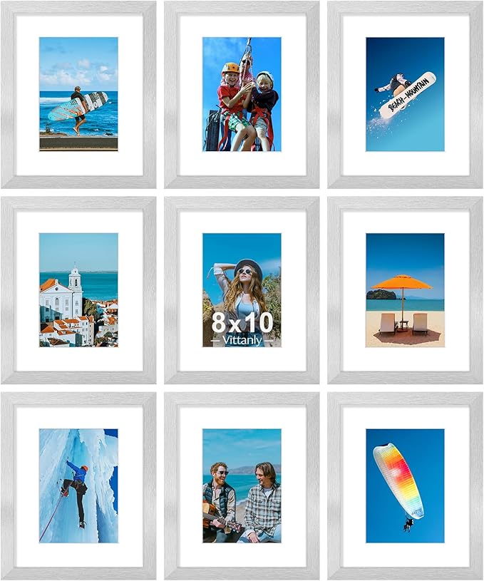 Vittanly 8x10 Picture Frames Set of 9, Shatter Resistant Plexiglass, Display 5x7 Pictures with Mat or 8x10 without Mat, Photo Frames for Wall or Tabletop, Engineered Wood, Silver