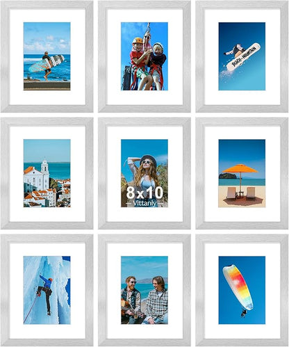 Vittanly 8x10 Picture Frames Set of 9, Shatter Resistant Plexiglass, Display 5x7 Pictures with Mat or 8x10 without Mat, Photo Frames for Wall or Tabletop, Engineered Wood, Silver