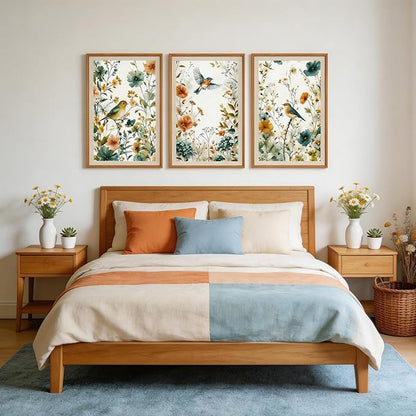 CHDITB Framed Rustic Birds Wildflowers Wall Art Set, 3 Pieces Vintage Chinoiserie Birds on Floral Branch Botanical Canvas Artwork, Large Boho Neutral Nature Watercolor Cottagecore Country Painting Decor for Bedroom Office(16"L x 24"W)