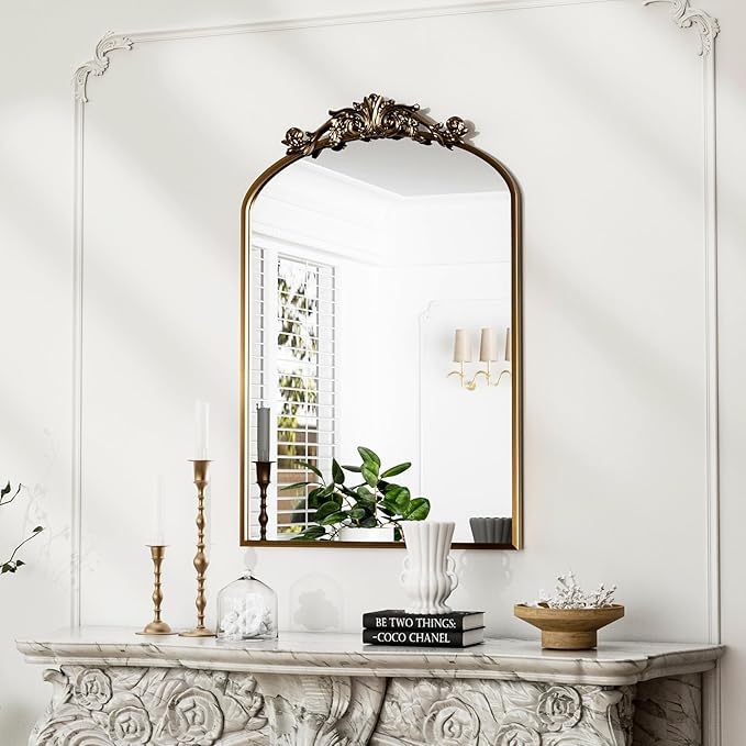 Traditional Vintage Gold Mirror, Antique Arched Mirror, Bronze Decor Wall Mirrors, Large Baroque Mirror with Aluminum Frame, Ornate Mirrors for Bathroom, Living Room, Fireplace (30"x22")