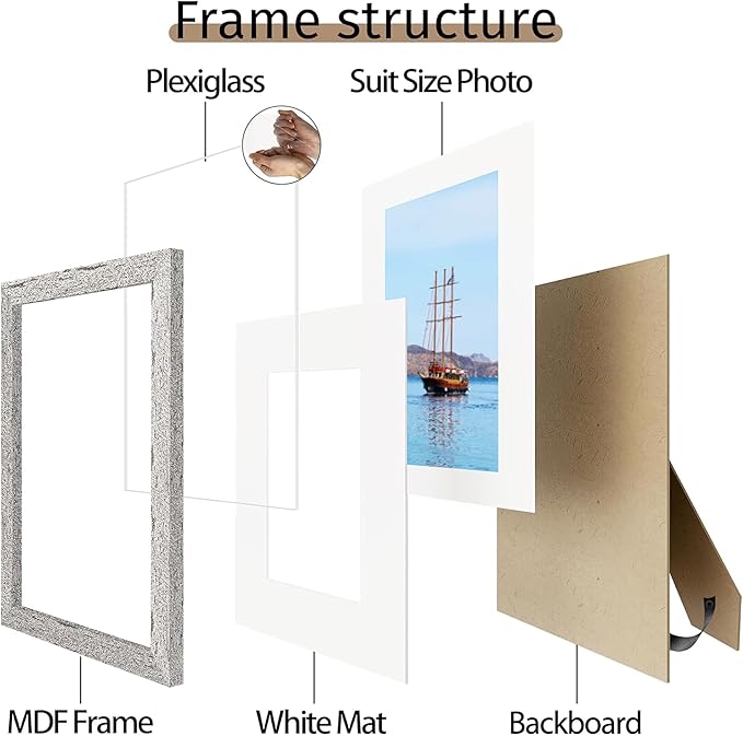 Picrit 8x10 Farmhouse Picture Frame Set of 12, Display 5x7 with Mat or 8x10 without Mat, Rustic Photo Frames for Wall Mounting or Table Top Display, Country Gray