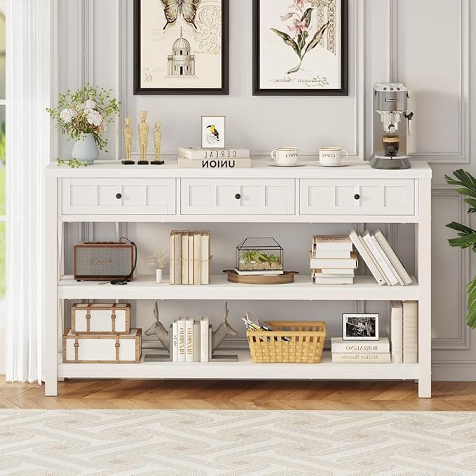FATORRI Console Table for Entryway, Wood and Metal Sofa Table with 3 Drawers for Living Room, Farmhouse Hallway Tables and Modern Couch Tables Behind Sofa (54.72 Inch Long, White Oak)