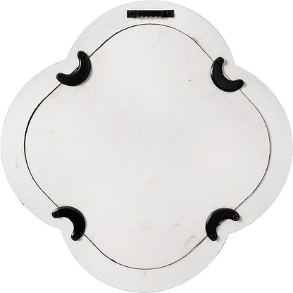 Vintage Small Scalloped Wall Mirror Decorative 8.9 inch, Hanging Distressed White Rustic Quatrefoil Wooden Mirrors for Wall Decor Living Room, Farmhouse Clover Shape Floral Mirror