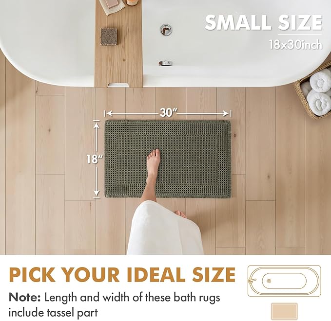 MIULEE Set of 2 Waffle Bathroom Rugs, Boho Bath Rug Super Absorbent, Non Slip Washable Ultra Soft Rubber Backed Shower Bath Mats for Floor, Tub, Shower, Bordered Design, Green, 18x30 Inch