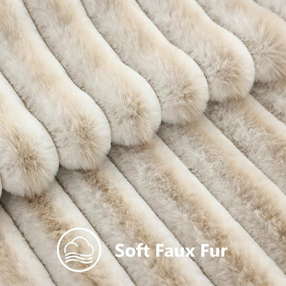 decorUhome Summer Cozy Faux Fur Throw Pillow Covers 24x24 Set of 2 Decorative Plush Striped Modern Farmhouse Boho Couch Euro Sham Pillow Cases with Velvet Back for Sofa Bed Living Room, Beige White