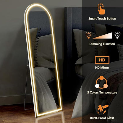 Sweetcrispy Arched Full Length Mirror with LED Lights, 63"x21" Lighted Full Body Floor Mirror with Dimming & 3 Color Lighting, Stand for Bedroom, Dressing Room, White
