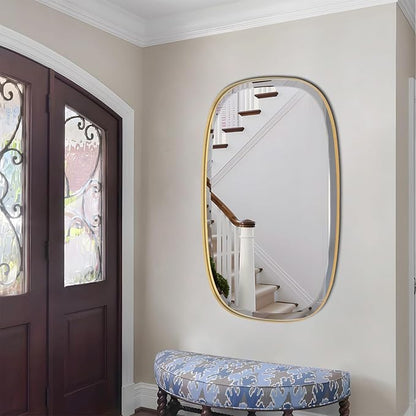 POZINO Brushed Gold Beveled Mirror, 24"x40" Modern Rectangle Mirrors with Stainless Steel Frame, Brass Oblong Vanity Wall Mirror for Bathroom Living Room Entryway, Hangs Vertically or Horizontally