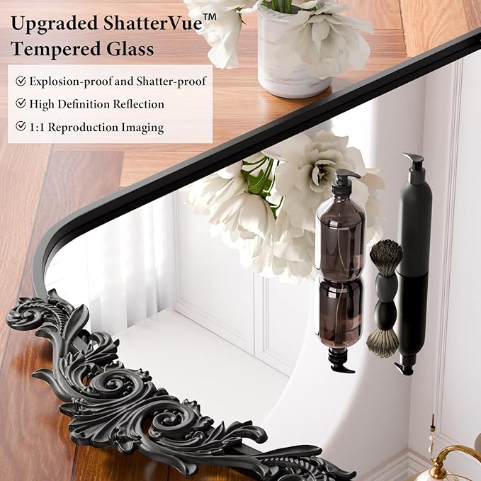 Koonmi Vintage Mirror, 24x36 Antique Barolon Bathroom Mirror for Wall,Flower Head, Shatter-Proof Tempered Glass, Arched Ornate Mirrors for Bedroom Bathroom Entryway Fireplace Hallway