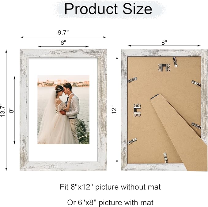 iRahmen 8x12 Picture Frame with Mat 6x8 - High Definition Real Glass Wooden Photo Frames for Tabletop Display and Wall Mounting (Distressed-White, Set of 2)