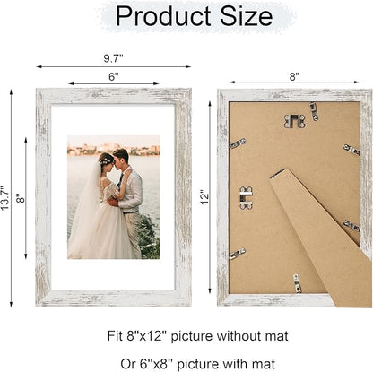 iRahmen 8x12 Picture Frame with Mat 6x8 - High Definition Real Glass Wooden Photo Frames for Tabletop Display and Wall Mounting (Distressed-White, Set of 2)