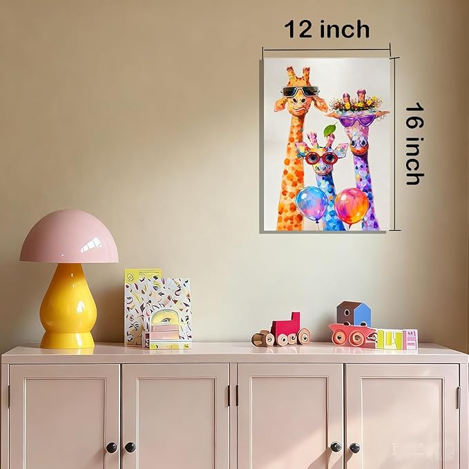 12x16 Graffiti Giraffe Family Canvas Wall Art, Colorful Framed Animal Prints with Sunglasses & Balloon, Funny Lovely Artwork for Kids, Teen Boys Girls, Nursery Bedroom & Living Room Home Decor