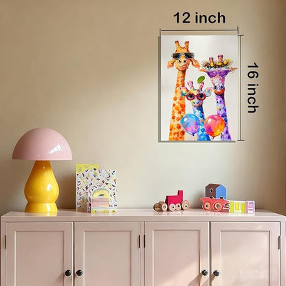 12x16 Graffiti Giraffe Family Canvas Wall Art, Colorful Framed Animal Prints with Sunglasses & Balloon, Funny Lovely Artwork for Kids, Teen Boys Girls, Nursery Bedroom & Living Room Home Decor