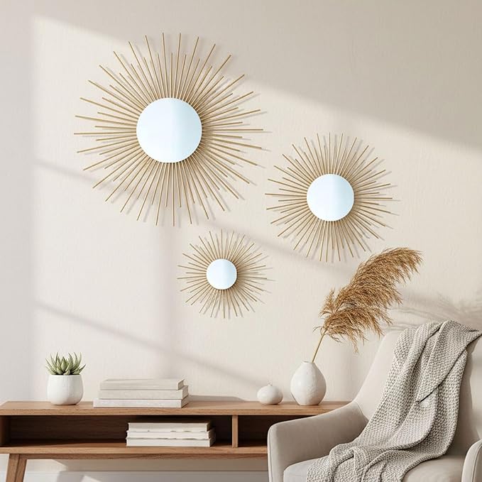 AIM & GGKK Gold Metal Wall Decor, Set of 3 Modern Metal Wall Art for Living Room, Minimalist Contemporary Gold Decor for Bedroom, Boho Accent Home Decoration